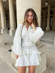 Aiertu Elegant Solid Ruffles Spliced Mini Dress For Women O Neck Long Lantern Sleeve Pleated Vestidos Summer Lady Party Street Dresses Aiertu