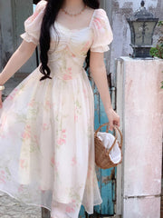 Aiertu Summer French Design Elegant Sundress Women Short Sleeves Floral Midi Dress Beach Style Casual Fashion Party Dress Korean Aiertu