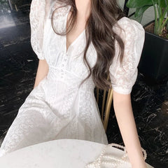 Aiertu Elegant V-neck Midi Dress Women Summer Puff Sleeve White Casual Party Dress Female Office Kawaii Lace One-piece Dress Korean Y2k Aiertu