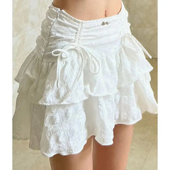 Aiertu French Style White Mini Skirts Holiday Casual Kawaii High Waist A-line Skirt Sweet Girl Kpop Y2k Skirt for Women Summer Aiertu