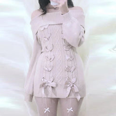 Aiertu Cottage Fairy 00s Vintage Knitted Dress Japanese Off Shoulder Pullovers Mini Dress Fairy Y2K Kawaii Tie Up Retro Sweater Dress Aiertu