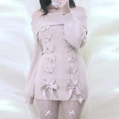 Aiertu Cottage Fairy 00s Vintage Knitted Dress Japanese Off Shoulder Pullovers Mini Dress Fairy Y2K Kawaii Tie Up Retro Sweater Dress Aiertu