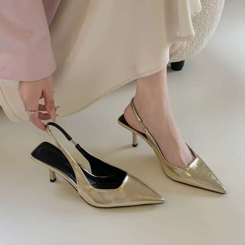 Elegant Low Heeled Sandals Women Kitten Heels Spring Summer Gold Pumps Pointed Toe Wedding Office Ladies Shoes Slingback Aiertu