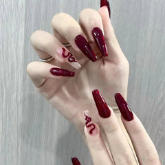 Aiertu 24pcs New Year Fake Nails Long Ballet Nails French Vintage Style Wine Red False Nail Press on Nails Waterproof Faux Fingernails aiertu
