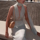 AIERTU - Spring and Summer New Halter Polka Dot Neck Temperament Long Dress Banquet Fashion Dress Aiertu