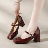 AIERTU - Mary Jane Chunky Heel Square Head Simple Single Shoes Women's Patent Leather Strap Diamond Buckle High Heels Spring Autumn Aiertu