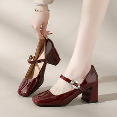 AIERTU - Mary Jane Chunky Heel Square Head Simple Single Shoes Women's Patent Leather Strap Diamond Buckle High Heels Spring Autumn Aiertu