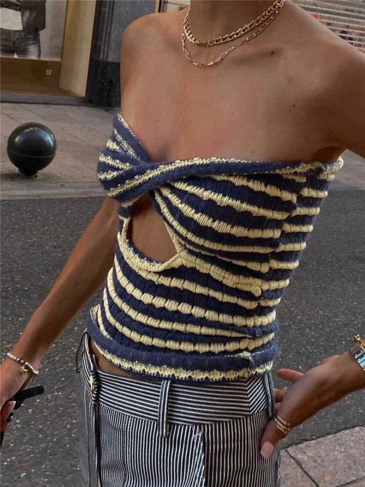 AIERTU - Off Shoulder Knit Tube Top Sexy Strapless Backless Bustier Tops For Women Stripe Cropped Top Hot Summer Streetwear Femme Aiertu