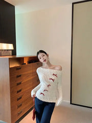 Aiertu Sweet Bow Knitted Pullover Women Off Shoulder Sexy Long Sleeve Sweaters Korean Style Kawaii Autumn Winter Pullovers Aiertu
