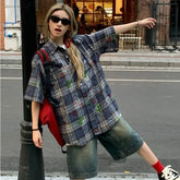 Aiertu Vintage Short Sleeve Plaid Shirts Y2k Woman's Oversized Harajuku Fashion Check Blouses Korean Style Tops Summer Stylish Aiertu