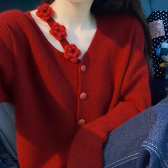 AIERTU - Plus Size Women Red V Neck Knit Cardigan 3D Flower Decor Lazy Style Sweater Coat Autumn Winter Casual Top Aiertu