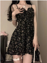 Aiertu Coquette Floral Flower Print Black Slip Mini Dress Women 2024 Vintage Elegant Beach Casual Party Short Dresses Summer Aiertu