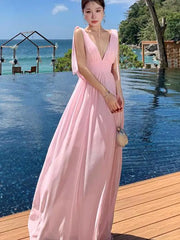 Aiertu Pink High Waist Women Temperament Backless Pleated Vest Dress Summer 2024 New Ladies V-neck Sleeveless Elegant Long Dresses Robe Aiertu