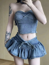 Aiertu Denim Blue Sets Women Strapless Washed Slim Tanks Bow Designed Chic Mini Skirts Sexy Clubwear Summer Outfits Aesthetic Ruffles Aiertu