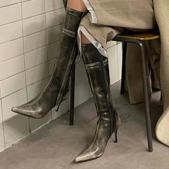 AIERTU - Retro Women's Shoes Luxury Genuine Leather Knee High Boots for Woman French Pointed High Heeled Boots Designer Shoes Botas Mujer Aiertu