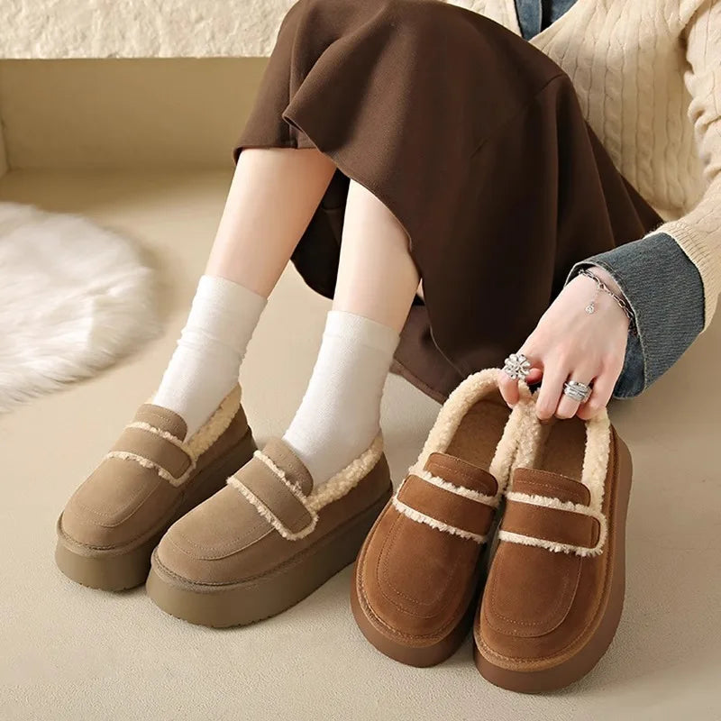 Aiertu WINTER OUTFITS Women's Thick Soled Snow Boots 2024 Autumn Winter Plush Boken Shoes Retro Height Increasing Warm Anti Slip Cotton Shoes Loafers Aiertu