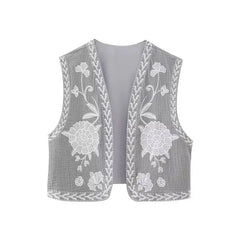Aiertu Women Vintage Floral Embroidered Open WaistCoat Ladies National Style Vest Jacket Outfits Casual Vacation Crop Top Aiertu