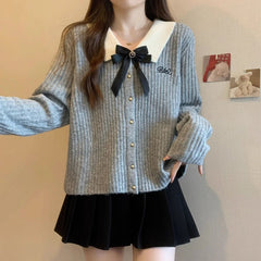 Aiertu Kawaii Sweet Cardigan Sweater Woman Grey Bow Knitted Tops Coquette Fashion Korean Style Sweater Autumn Winter Casual Aiertu