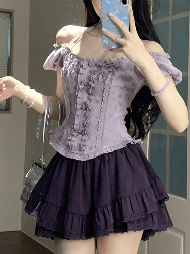 France Fashion Y2k Mini Skirt Suit Women Vintage Elegant Chic 2 Piece Dress Female Purple Slim Tops+High-waisted Skirt Designer Aiertu