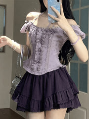 France Fashion Y2k Mini Skirt Suit Women Vintage Elegant Chic 2 Piece Dress Female Purple Slim Tops+High-waisted Skirt Designer Aiertu