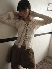 Aiertu Lace Up Turn-down Collar Blouse Women Long Sleeve Korean Fashion Autumn Shirt Slim Thin Women Blouse Y2k Aiertu