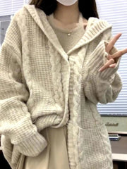 Aiertu New Vintage Zipper Hooded Cardigan Womens Knitted Solid Twist Harajuku Sweaters Coat 2024 Loose All Match Y2k Aesthetic Jackets Aiertu