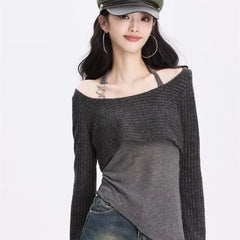 Y2k Off Shoulder Knitted Women T-shirts Set Sexy Korean Style Asymmetric Halter Tops Gyaru Crop Long Sleeve Autumn Tees Aiertu