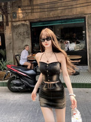 Aiertu Spicy Girl Chain Hanging Neck Denim Bra Top Skirt Two Piece Set Women Gradient Collarbone Sleeveless Slim Summer Slim Girl Suit Aiertu