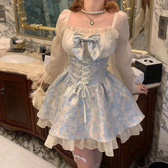 Aiertu Princess Dress Women Party Y2k Bandage Blue Cosplay Costumes Japanese Puff Sleeve Ribbon Square Neck Bowknot Mini Dress Aiertu