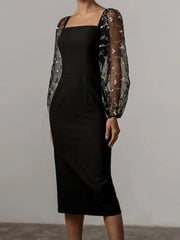 Aiertu Autumn White Dress Women Sexy See Through Lace Embroidery Long Dresses Female Elegant Square Collar Puff Sleeve Slim Party Dress Aiertu
