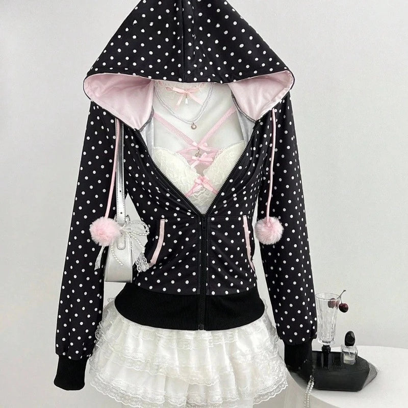 AIERTU - Y2K Black Polka Dot Hoodie Women Zip Up Color Block Sweatshirts Spring Autumn Drawstring Slim Fit Cropped Sweet Kawaii Outerwear Aiertu