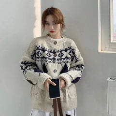 Korean Patchwork Cardigan Sweaters Women Lazy Wind Vintage Argyle Long Sleeve Knitted Coat Casual O Neck Female Print Top Aiertu