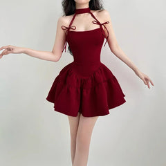 Aiertu DRESS TO IMPRESS French Vintage Red Bow Tie Halter Neck Dress, Waist Slimming A-Line Puff Strap Mini Dress for Women Aiertu