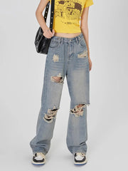 Aiertu Vintage Y2K Ripped Jeans Women Blue High Waist Straight Loose Denim Trousers Wide Leg Pants Streetwear Oversize Aiertu