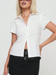 AIERTU - Women's Elegant Commuter Stretch Botton Up Shirt Solid V-Neck Tops Suitable For Daily Outings Casual Business Office Lady Aiertu