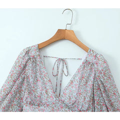 Aiertu Spring 2024 Women Sexy Backless Floral Print Dress Puff Sleeve V Neck Layered Ruffle Cake Mini Dresses Holiday Party Robe Aiertu