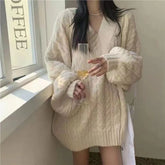 V-Neck Thickened Fried Dough Twists Sweater Autumn and Winter Loose Outwear Lazy and Gentle Design Small Warm Knit Top Aiertu