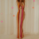 AIERTU - Boho Knitted Hollow Out Long Dress Sexy V Neck Backless Tie-up Halter Dress Chic Women Summer Beach Holiday Club Party Clothing Aiertu