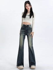 Aiertu Blue High Waist Skinny Pants Jeans Women Autumn High Street Slimming Trumpet Denim Pants Retro Extended Version Horseshoe Pants aiertu