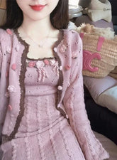 Aiertu - Belinda's Berry and Rose Fae Market Stall Pink Dress with Optional Cardigan Top Set Kawaii Academia Y2K Cottagecore Coquette Fairycore Dollette Princesscore Aiertu