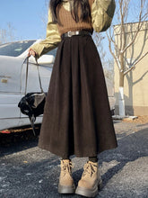 Aiertu Mid Long Skirts Womens Corduroy Skirt Autumn Winter Korean Vintage High Waist Ruffle Pleated Skirts With Belt aiertu