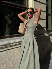 Aiertu Elegant Solid Sleeveless Women Maxi Dress Fashion V-neck Zipper Slim Cotton Linen Dresses 2024 Summer Office Lady Commuting Robe Aiertu