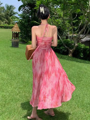 Aiertu French Pink Print Elegant Vacation Long Dresses 2024 Summer New Birthday Evening Party Women Clothes Fashion Sundress Ladies New Aiertu