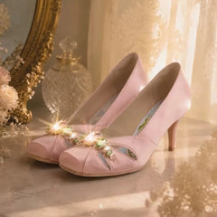 AIERTU - Women Pink Satin High Heel Pumps Elegant Square Toe Sparkling Rhinestone Gem Decor Cutout Design Stiletto Heels Footwear Aiertu