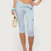 AIERTU - Low Waisted Lace Up Cropped Pants Women's Summer Fashion Solid Color Multiple Styles High Stretch Slim Fit Leisure Cropped Pants Aiertu