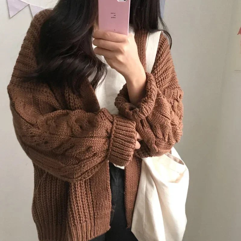 Oversized Knit Sweater Brown Autumn Winter New Women Korean Fashion Sweet Long Sleeve Twisted Knitted Coat Sweater Cardigan Aiertu
