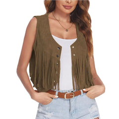Women Faux Suede Ethnic Sleeveless For Jacket Rivet Fringe Tassels Hippie Open Front Cardigan Vintage Cowgirl Waistcoat Vest Aiertu