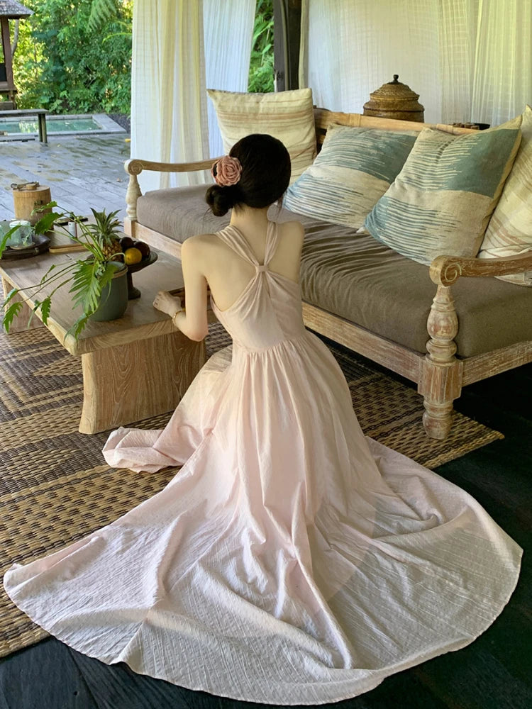 Aiertu 2024 Summer Pink Sexy Sleeveless Midi Dress Sweet Elegant Even Party Dress Beach Chiffon Korean Fashion Dress Female Design Aiertu