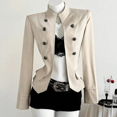 AIERTU - Y2k American Vintage Cropped Jackets Women Double Breasted Solid Outerwear Stand Collar Slim Fit Waist Elegant Chaquetas Aiertu
