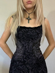 Retro Chic Floral Printed Mesh Spaghetti Strap Dress Y2K Aesthetics High Waist Ankle-Length Long Dress Fairycore Grunge Aiertu